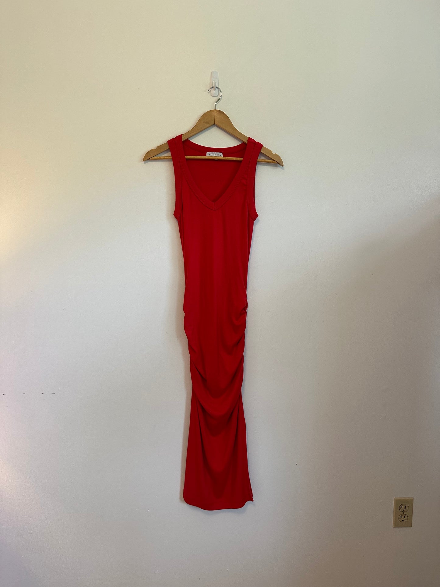 Michael Stars Red Ribbed Ruched V-Neck Maxi Dress | Size Small