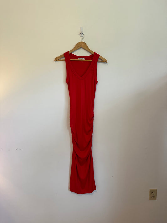 Michael Stars Red Ribbed Ruched V-Neck Maxi Dress | Size Small