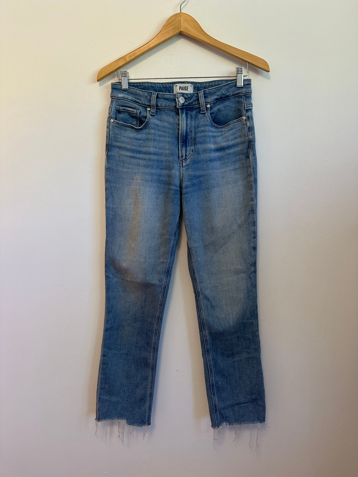 Paige Cindy High Rise Straight Leg Jeans in Blue with Raw Hem | Size 28