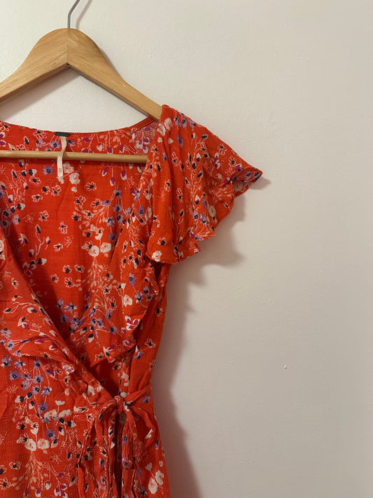 Free People Mini Floral Wrap Short Dress in Red | Size XS