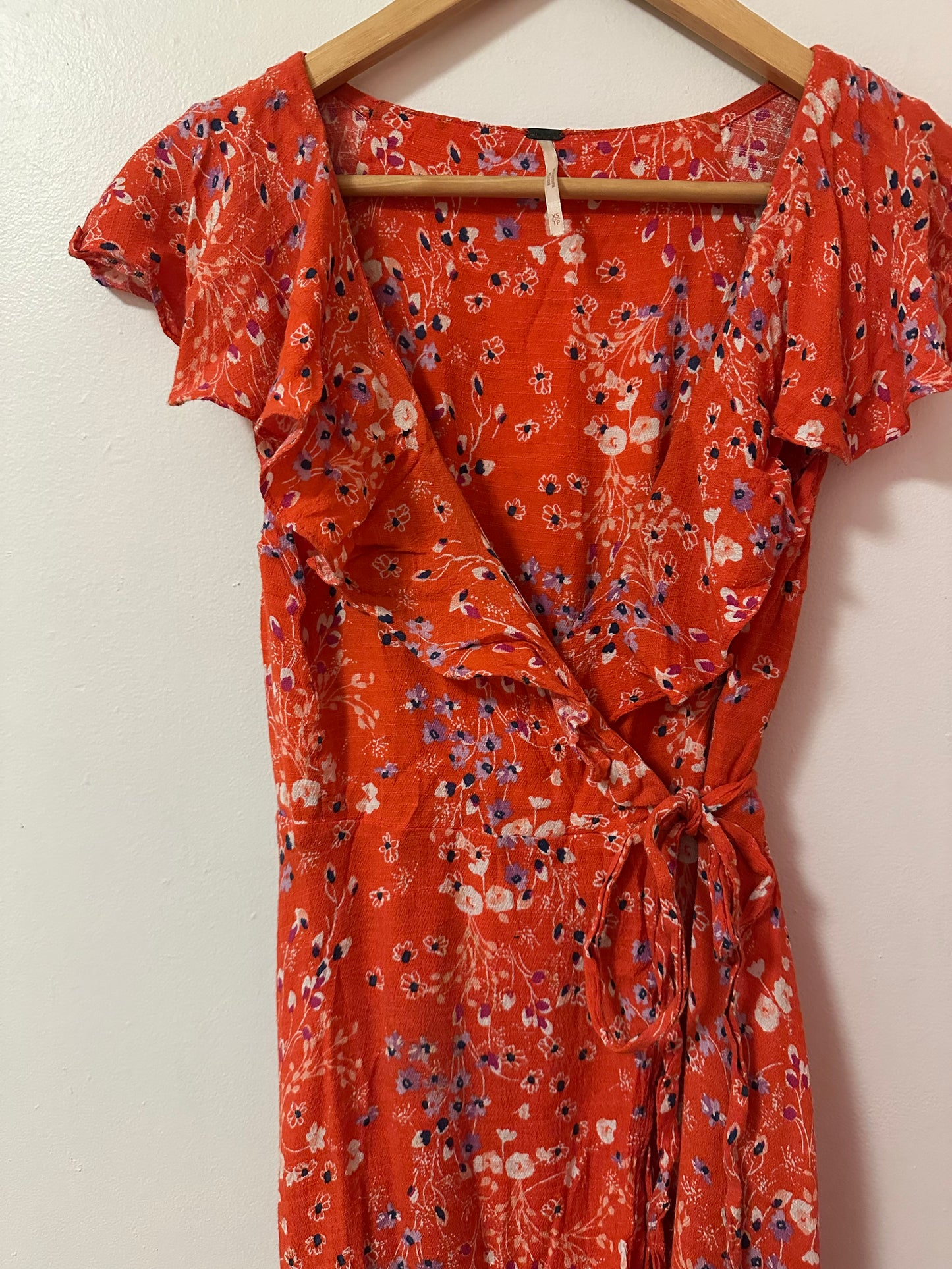 Free People Mini Floral Wrap Short Dress in Red | Size XS