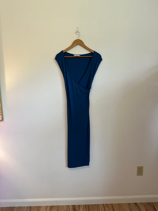 Diane von Furstenberg Blue Sleeveless Ruched Wrap  V-Neck Midi Dress | Size 6