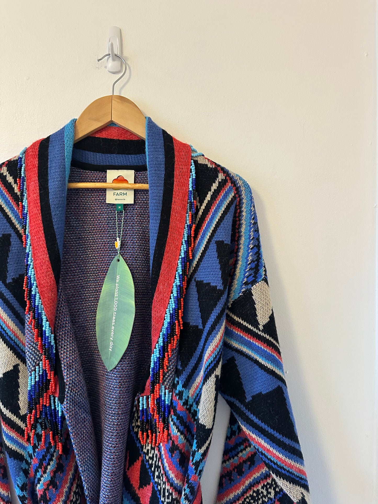 NWT Farm Rio Julie Stripes Belted Intarsia Knit Beaded Cardigan | Size Medium