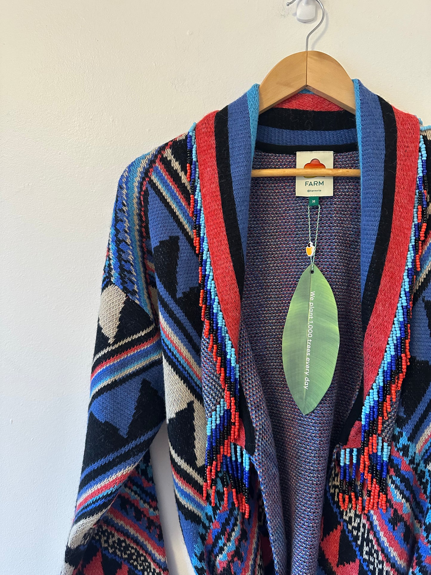 NWT Farm Rio Julie Stripes Belted Intarsia Knit Beaded Cardigan | Size Medium