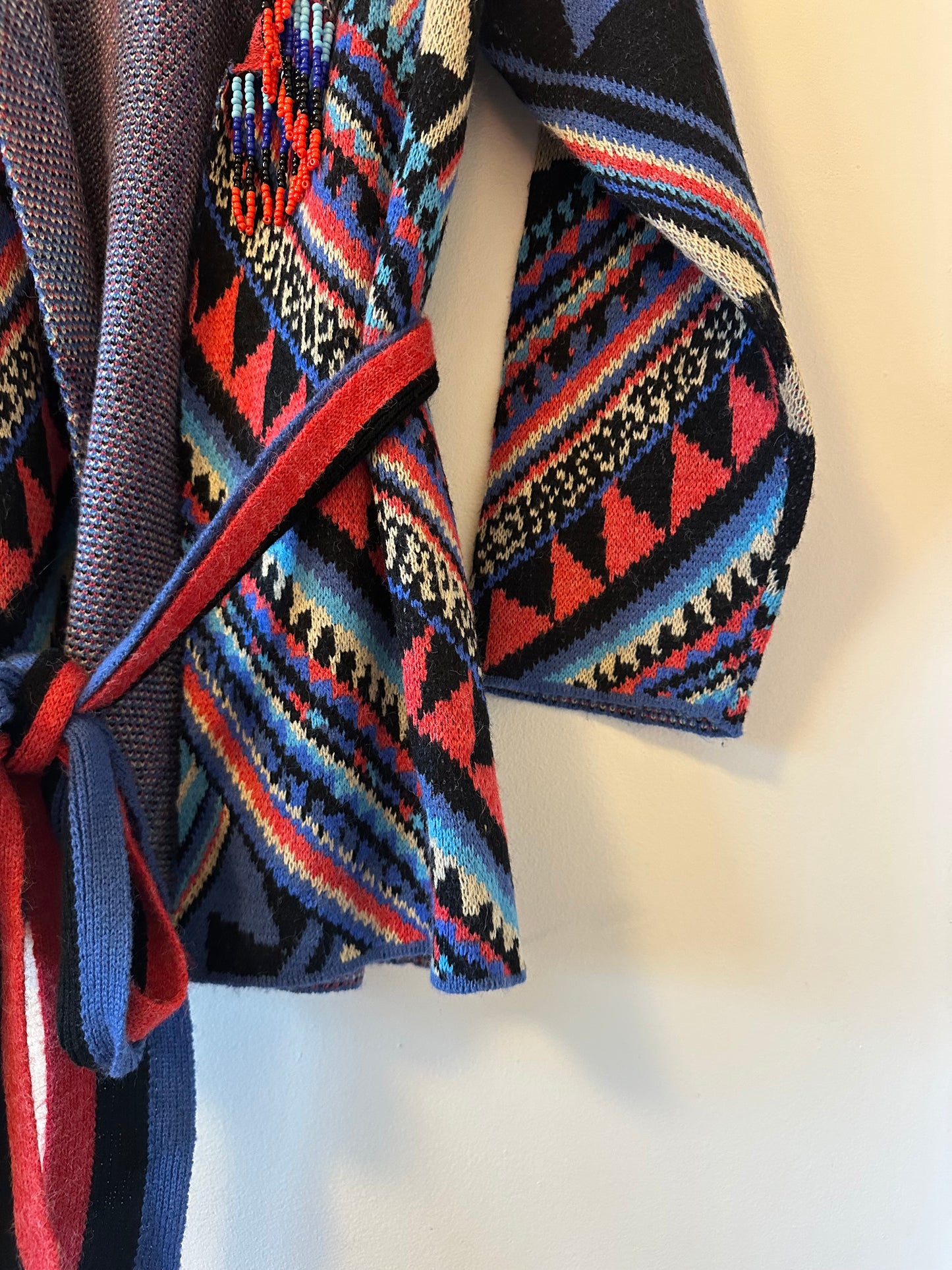 NWT Farm Rio Julie Stripes Belted Intarsia Knit Beaded Cardigan | Size Medium