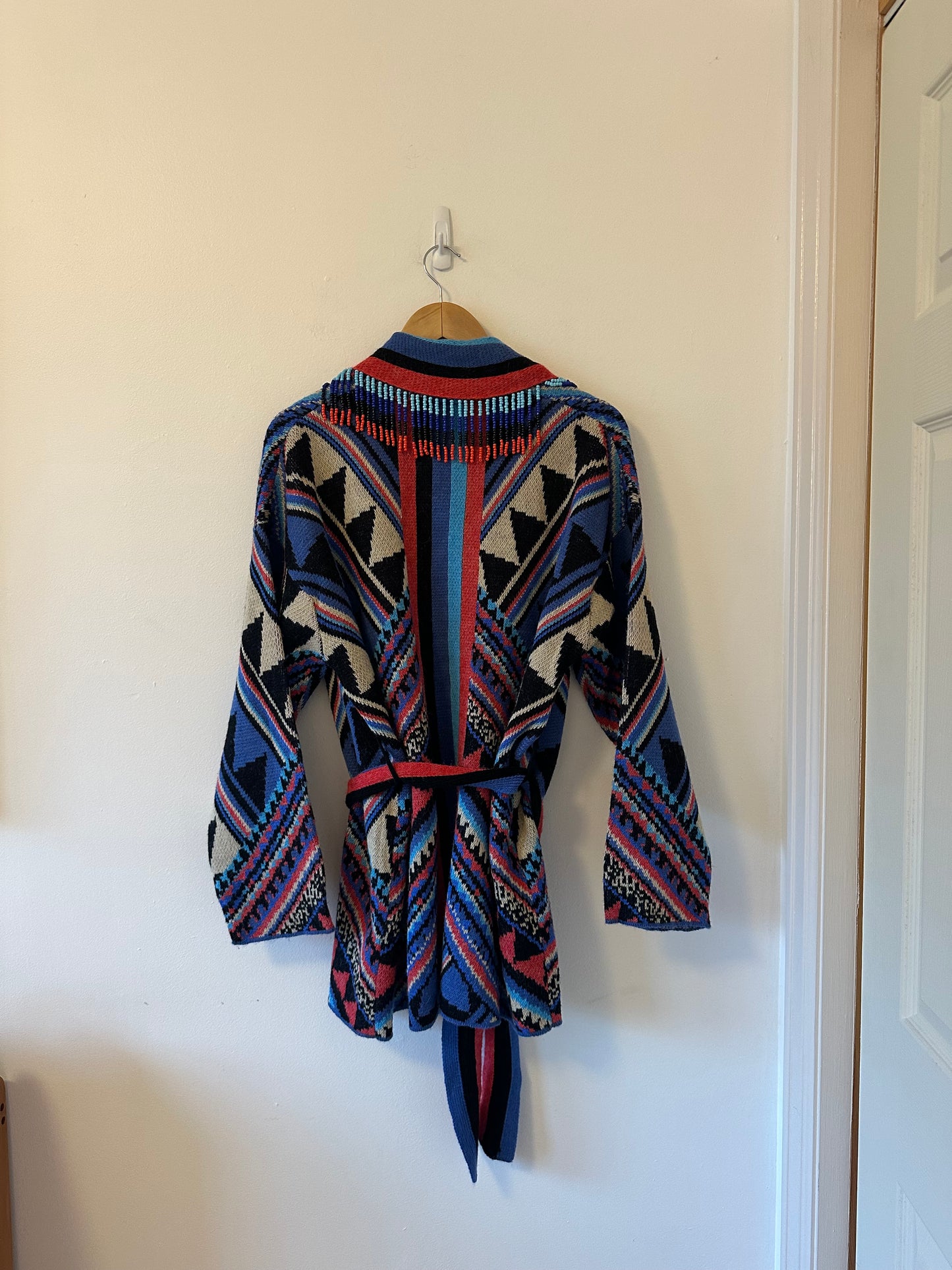 NWT Farm Rio Julie Stripes Belted Intarsia Knit Beaded Cardigan | Size Medium