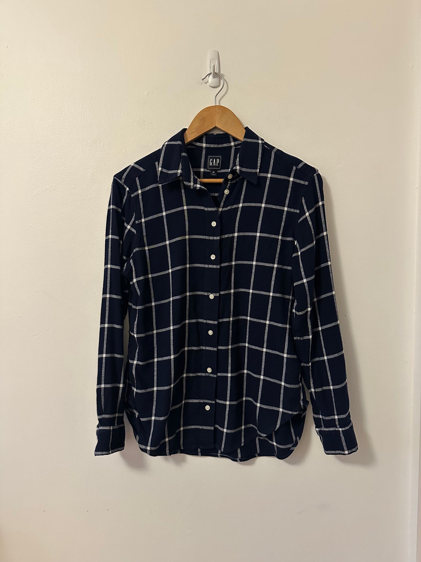 Gap Navy Blue Windowpane Plaid Boyfriend Button Down Shirt | Size Medium