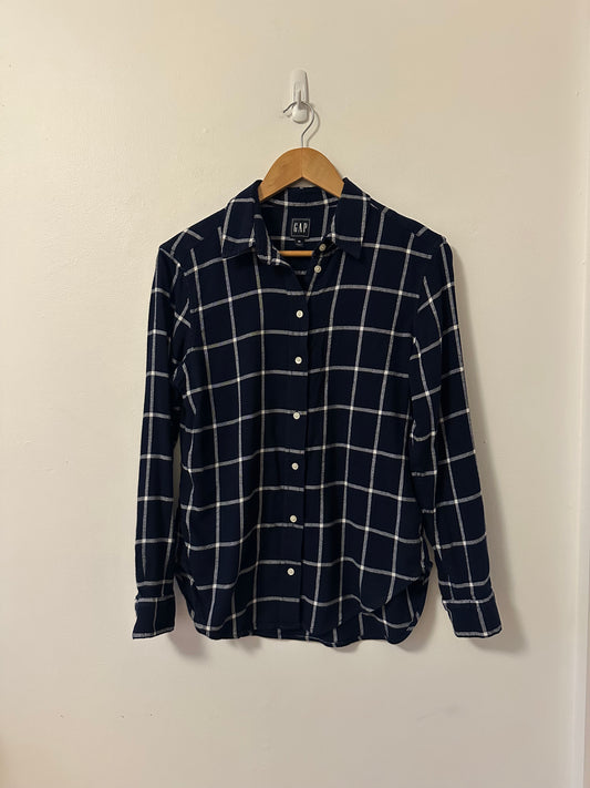 Gap Navy Blue Windowpane Plaid Boyfriend Button Down Shirt | Size Medium