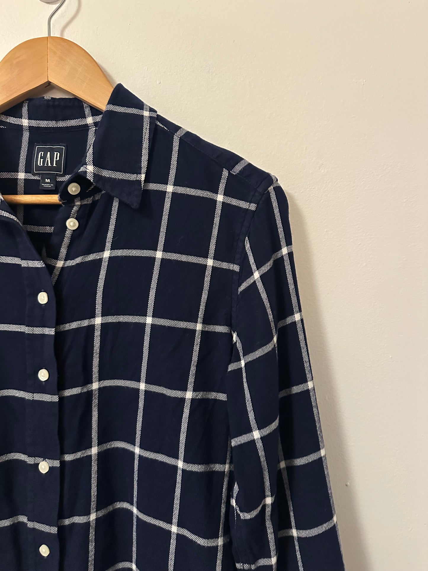 Gap Navy Blue Windowpane Plaid Boyfriend Button Down Shirt | Size Medium