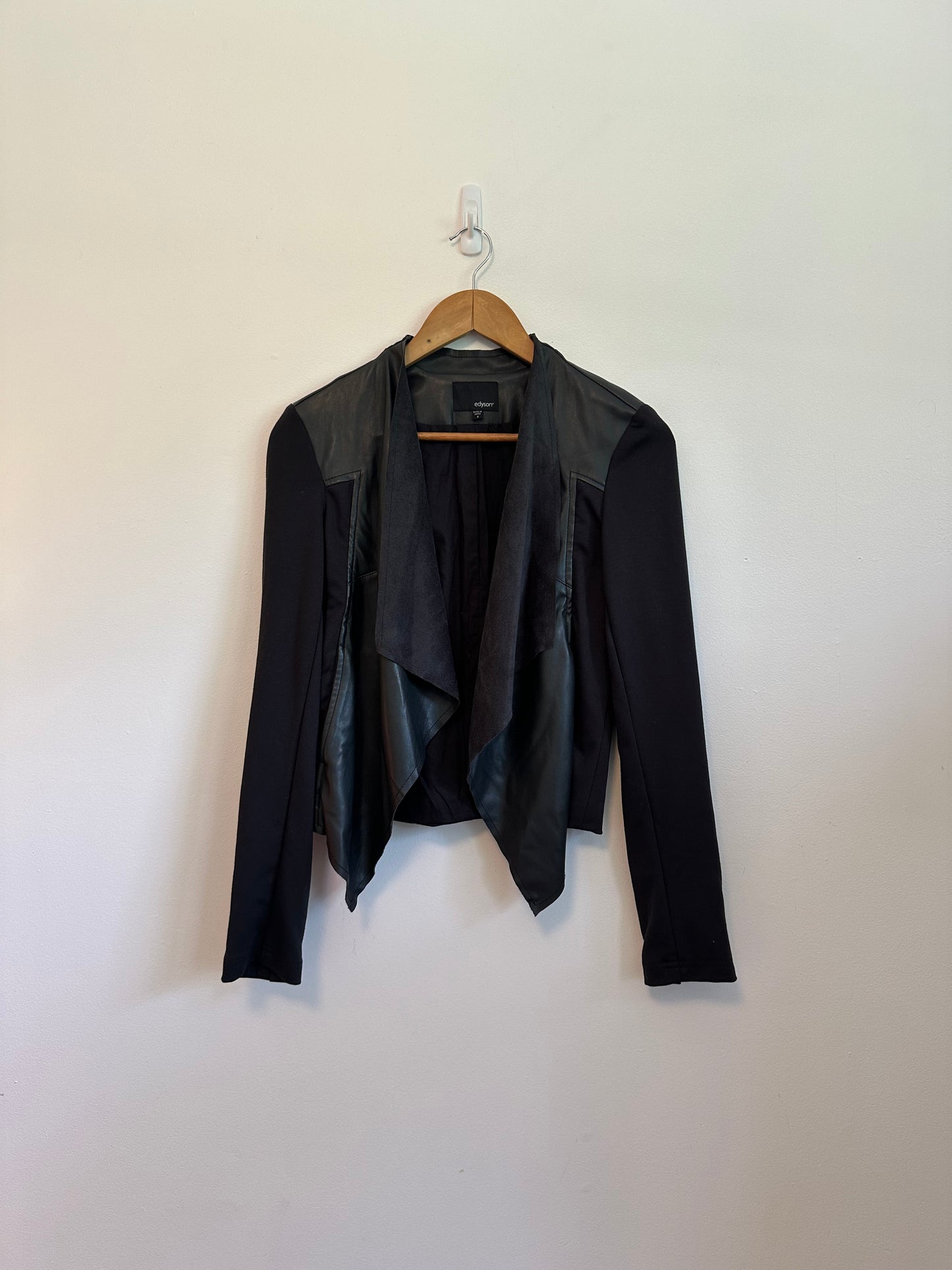 Edyson Black Faux Leather Mixed Media Open Front Waterfall Jacket | Size Small