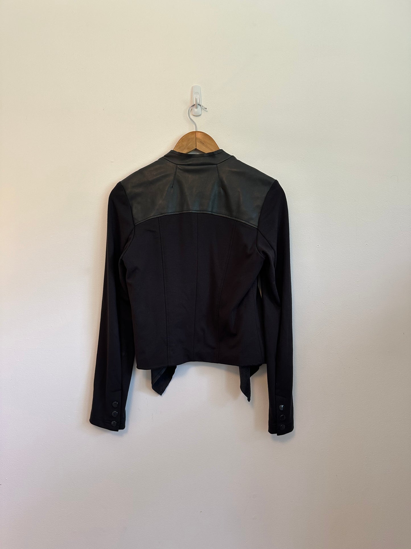 Edyson Black Faux Leather Mixed Media Open Front Waterfall Jacket | Size Small