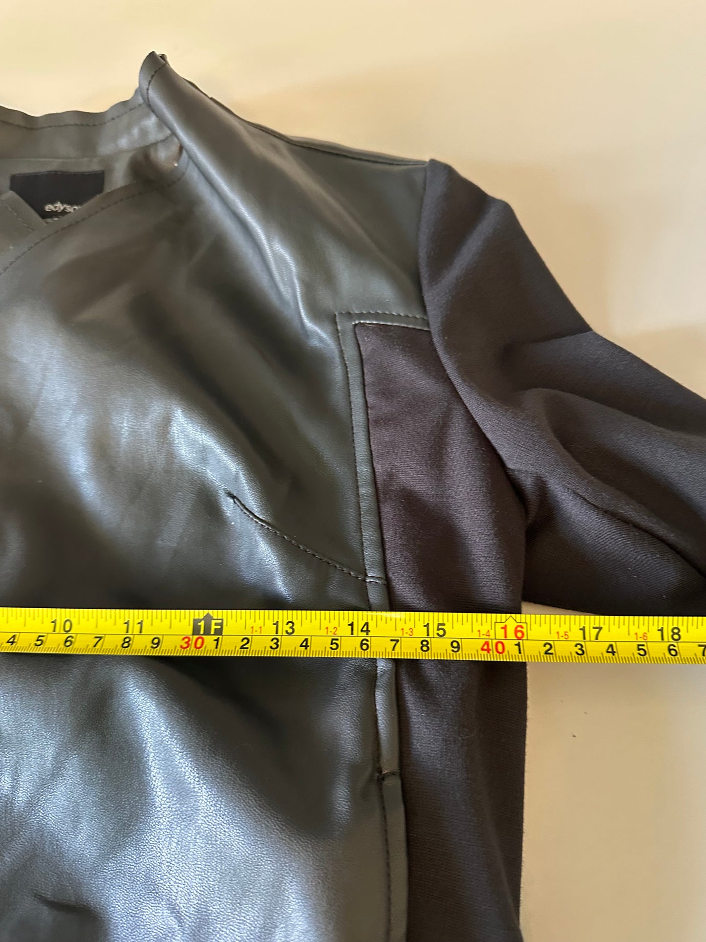 Edyson Black Faux Leather Mixed Media Open Front Waterfall Jacket | Size Small