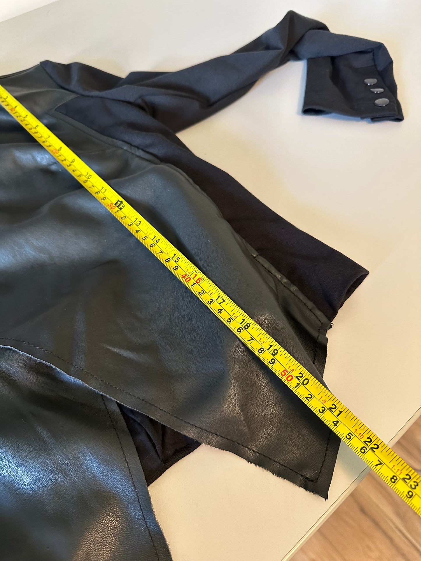 Edyson Black Faux Leather Mixed Media Open Front Waterfall Jacket | Size Small