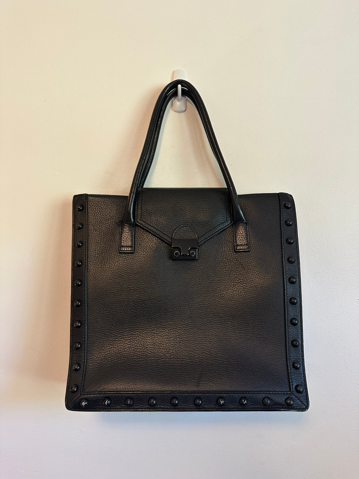 Loeffler Randall Black Pebbled Leather East West Studded Work Tote Bag