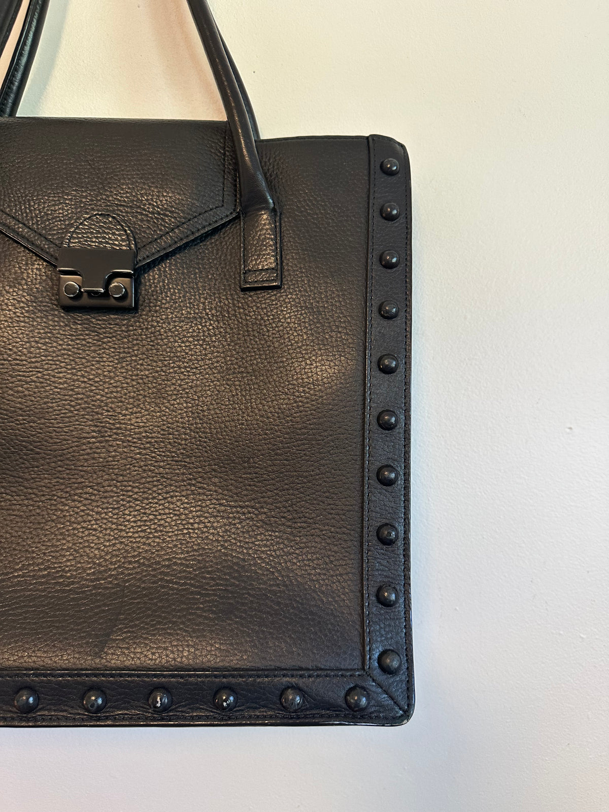 Loeffler Randall Black Pebbled Leather East West Studded Work Tote Bag