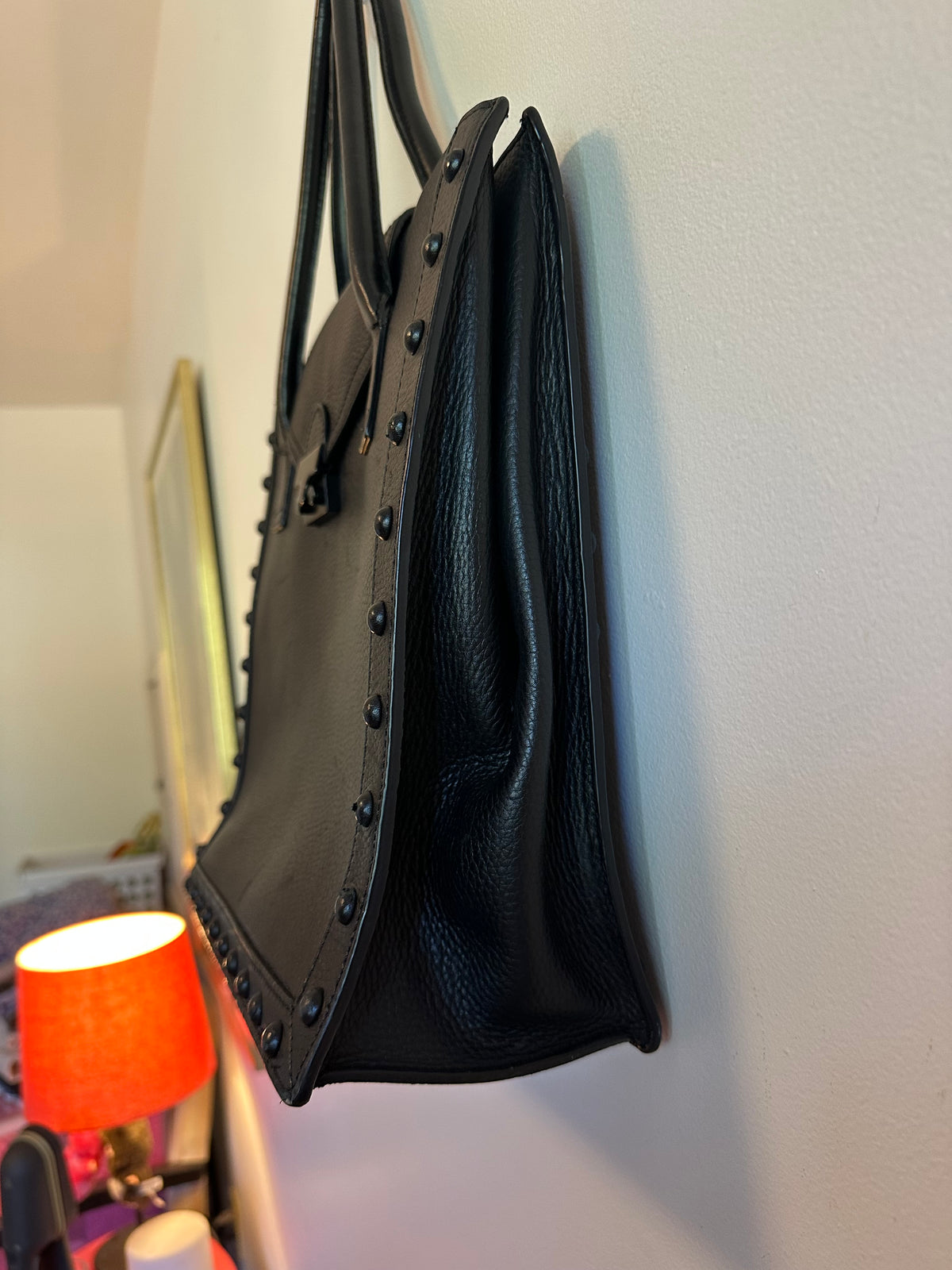 Loeffler Randall Black Pebbled Leather East West Studded Work Tote Bag