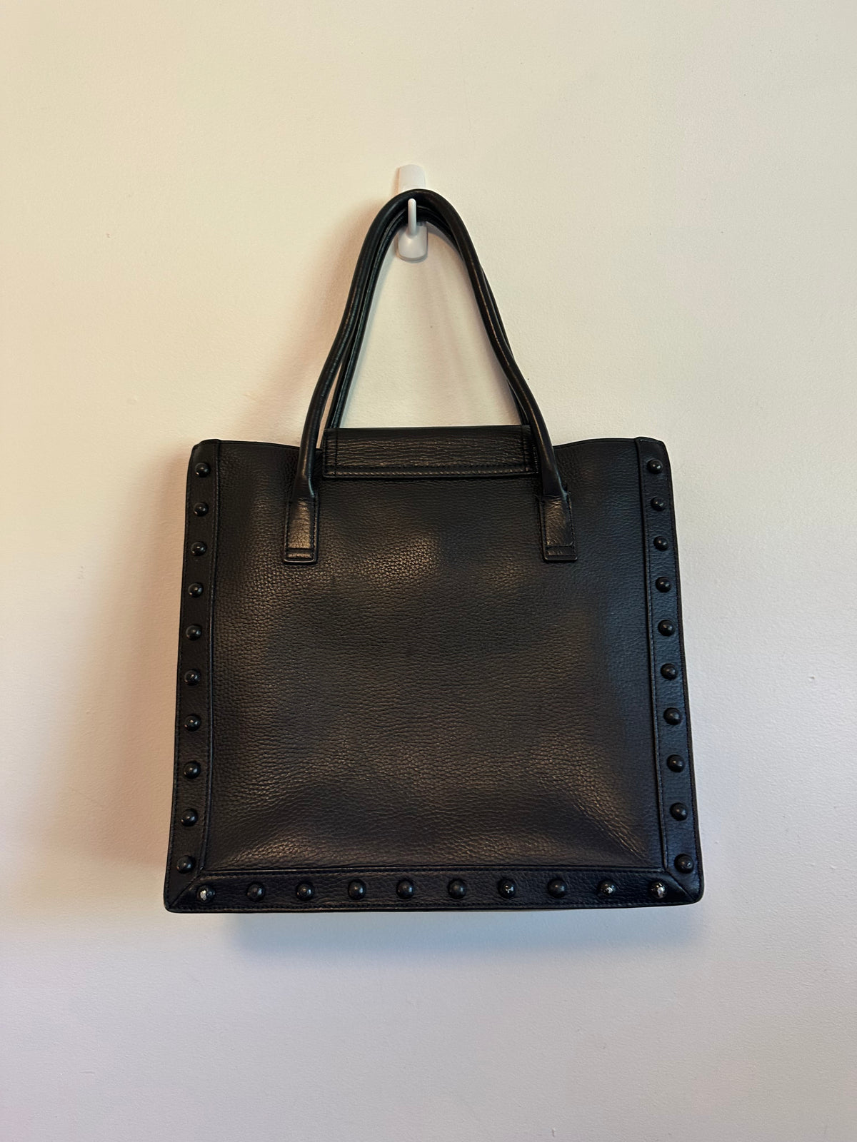 Loeffler Randall Black Pebbled Leather East West Studded Work Tote Bag