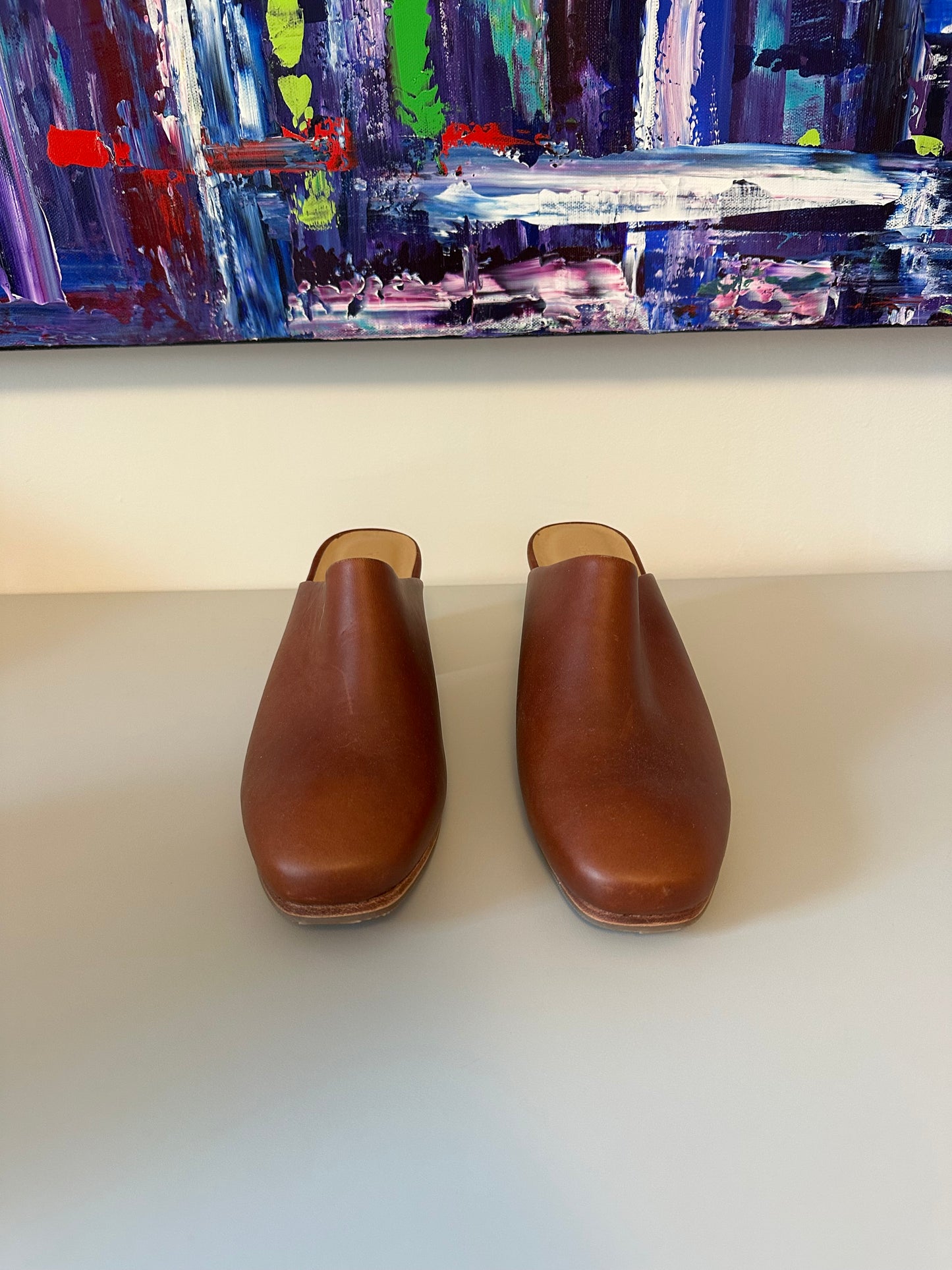 New Nisolo Brandy Leather Block Heel Mules | Size 9