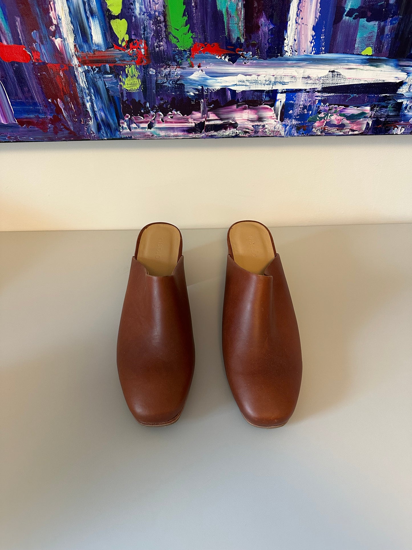 New Nisolo Brandy Leather Block Heel Mules | Size 9