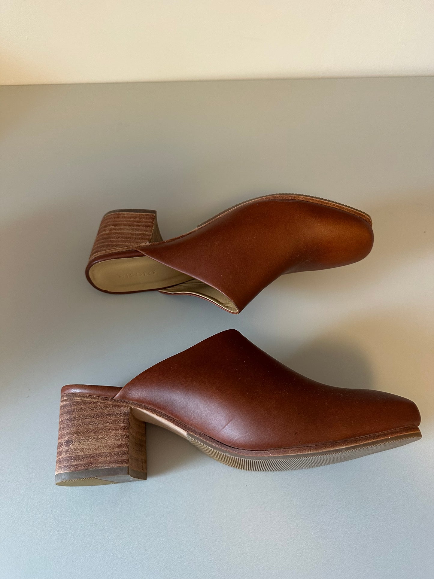 New Nisolo Brandy Leather Block Heel Mules | Size 9