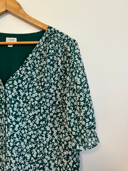 J. Crew Green and White Floral V-Neck Flutter Sleeve Blouse Top | Size Large
