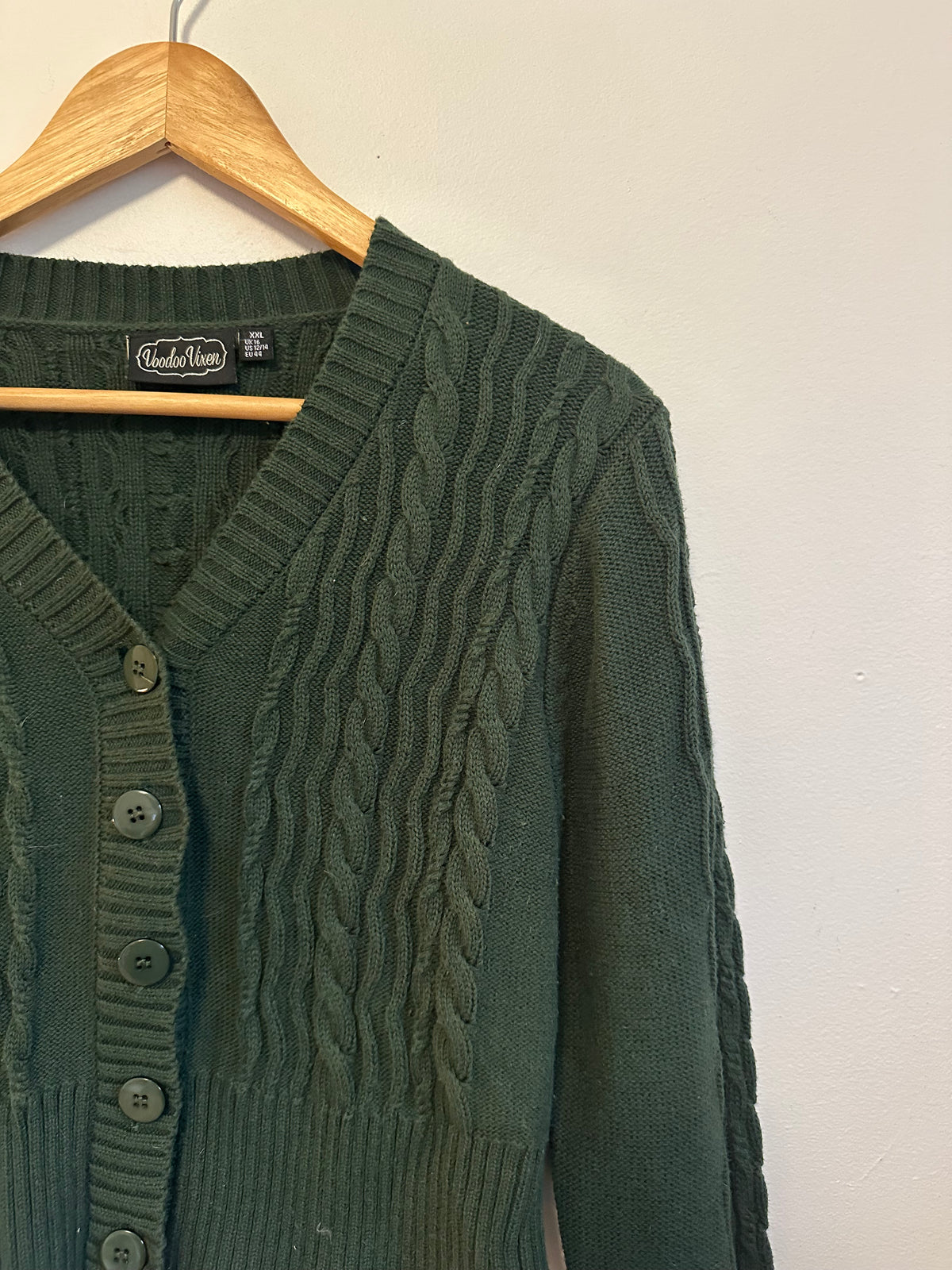 Voodoo Vixen Dark Green Cable Knit Cropped Cardigan Sweater | Size XXL