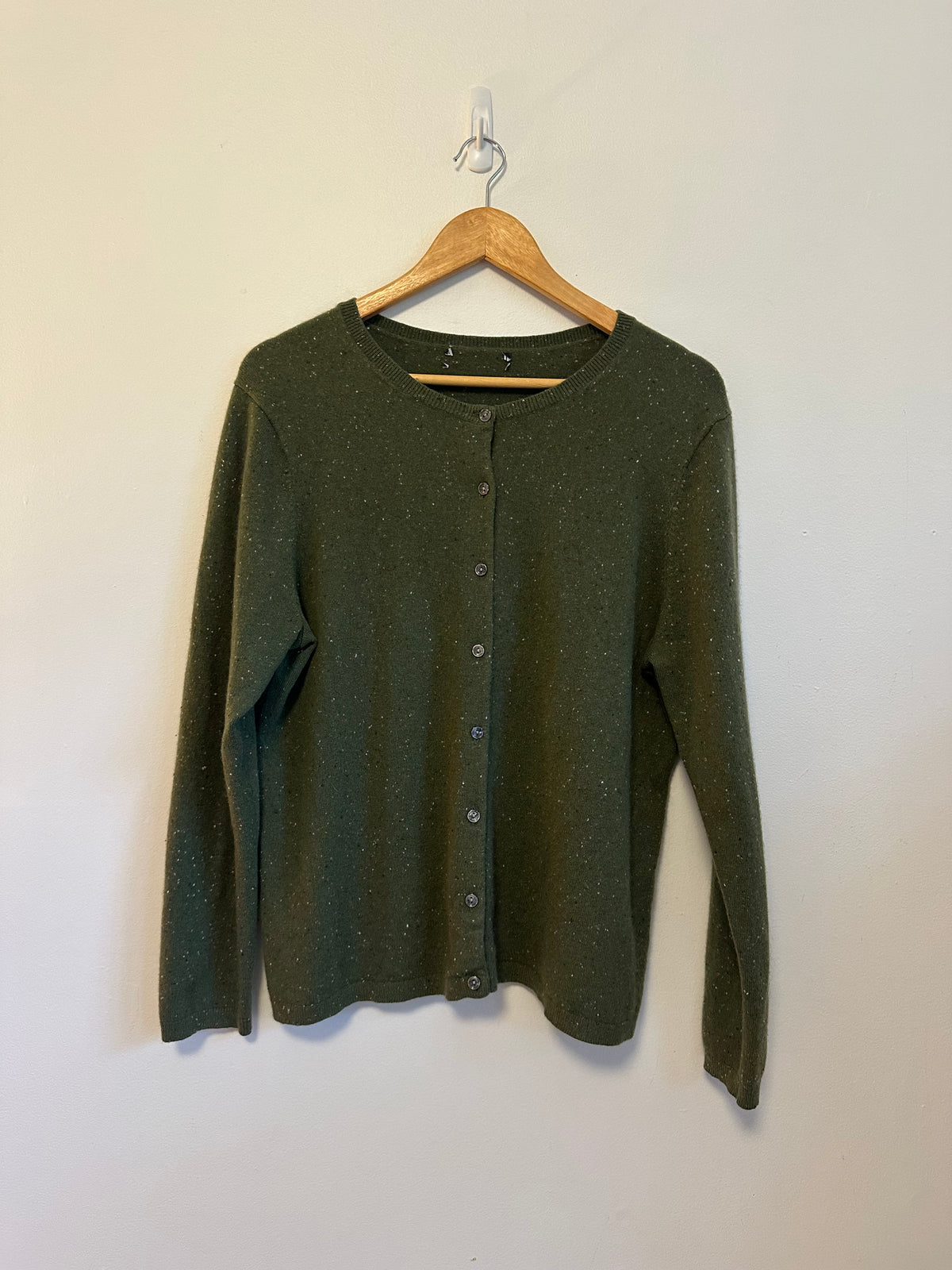 Olive Green 100% Cashmere Flecked Donegal Button Front Cardigan Sweater