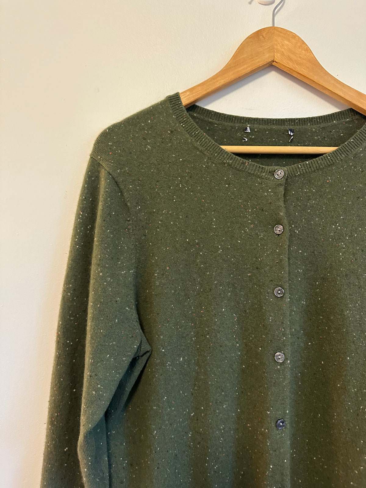 Olive Green 100% Cashmere Flecked Donegal Button Front Cardigan Sweater