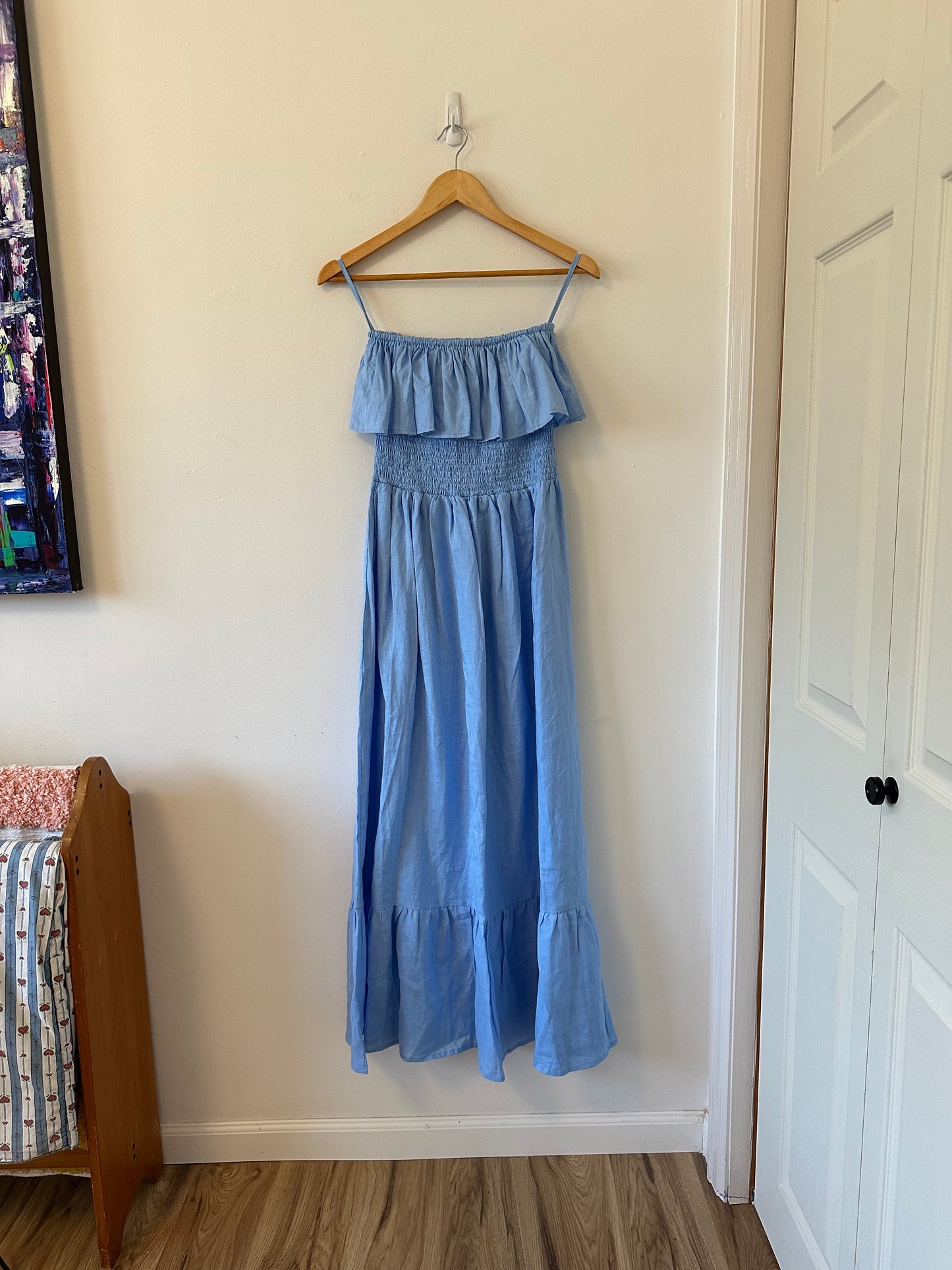 NWT Lusana Linen Strapless Ruffle Baby Blue Maxi Dress | Size Medium