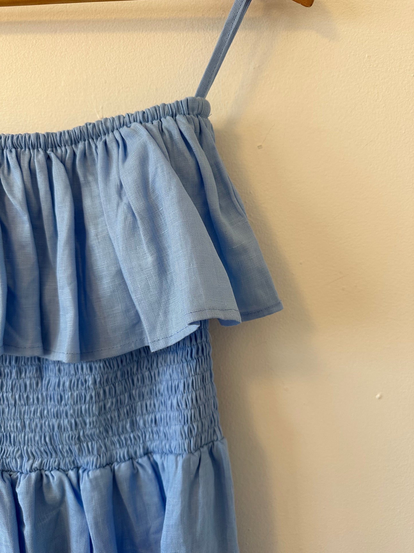 NWT Lusana Linen Strapless Ruffle Baby Blue Maxi Dress | Size Medium