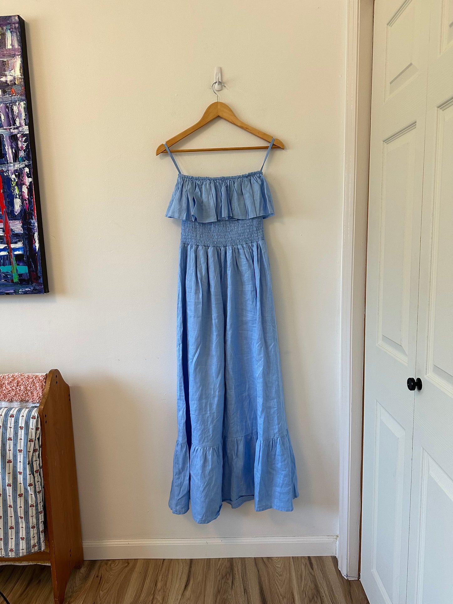NWT Lusana Linen Strapless Ruffle Baby Blue Maxi Dress | Size Medium
