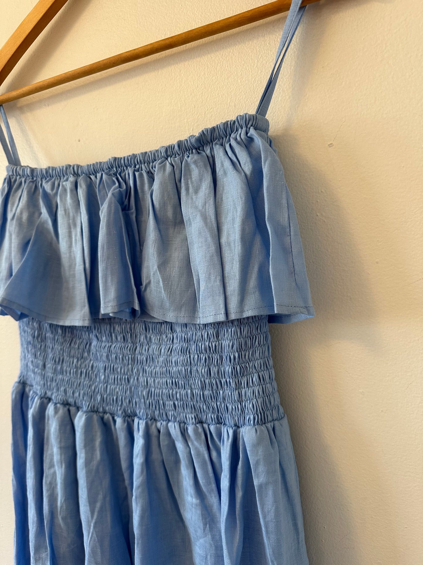 NWT Lusana Linen Strapless Ruffle Baby Blue Maxi Dress | Size Medium