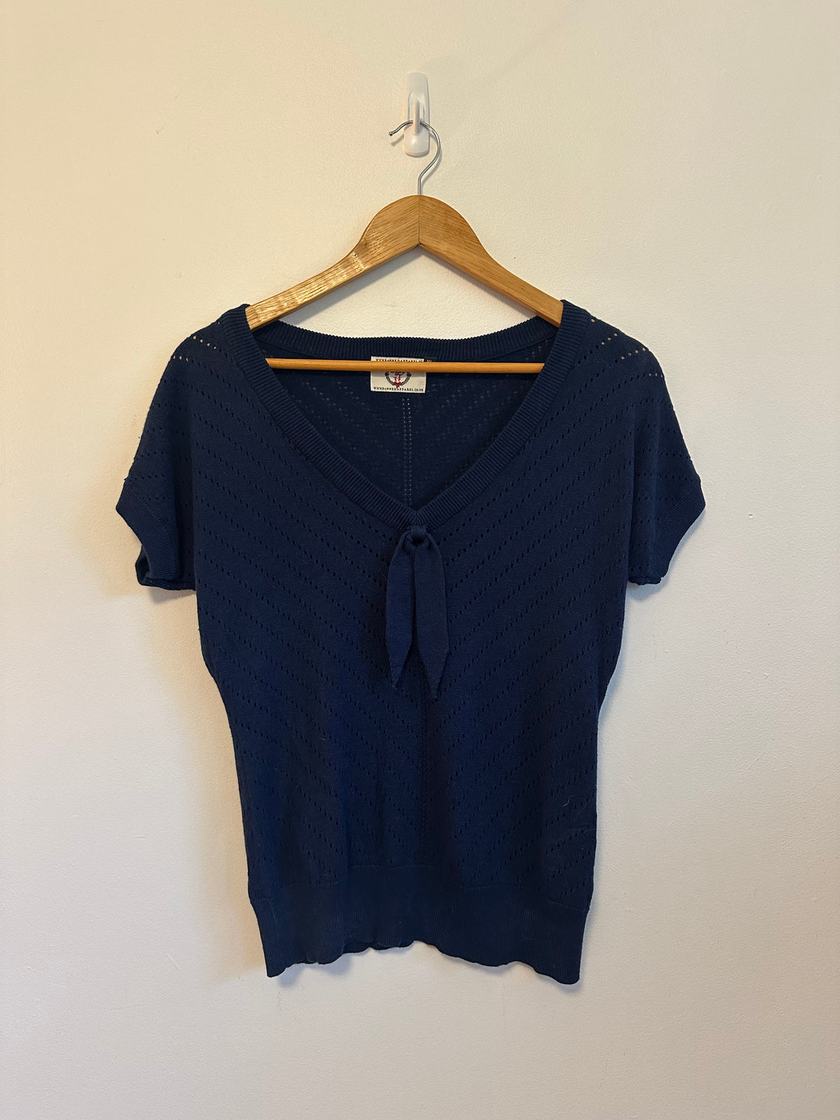 Banned Apparel Dancing Days Navy Blue Pointelle V-Neck Tie Knit Top | Size XL