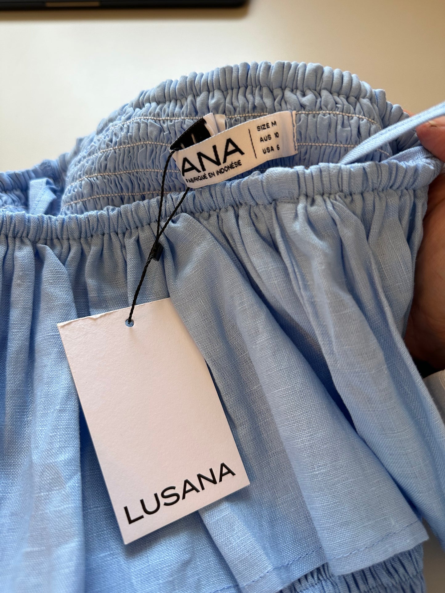 NWT Lusana Linen Strapless Ruffle Baby Blue Maxi Dress | Size Medium