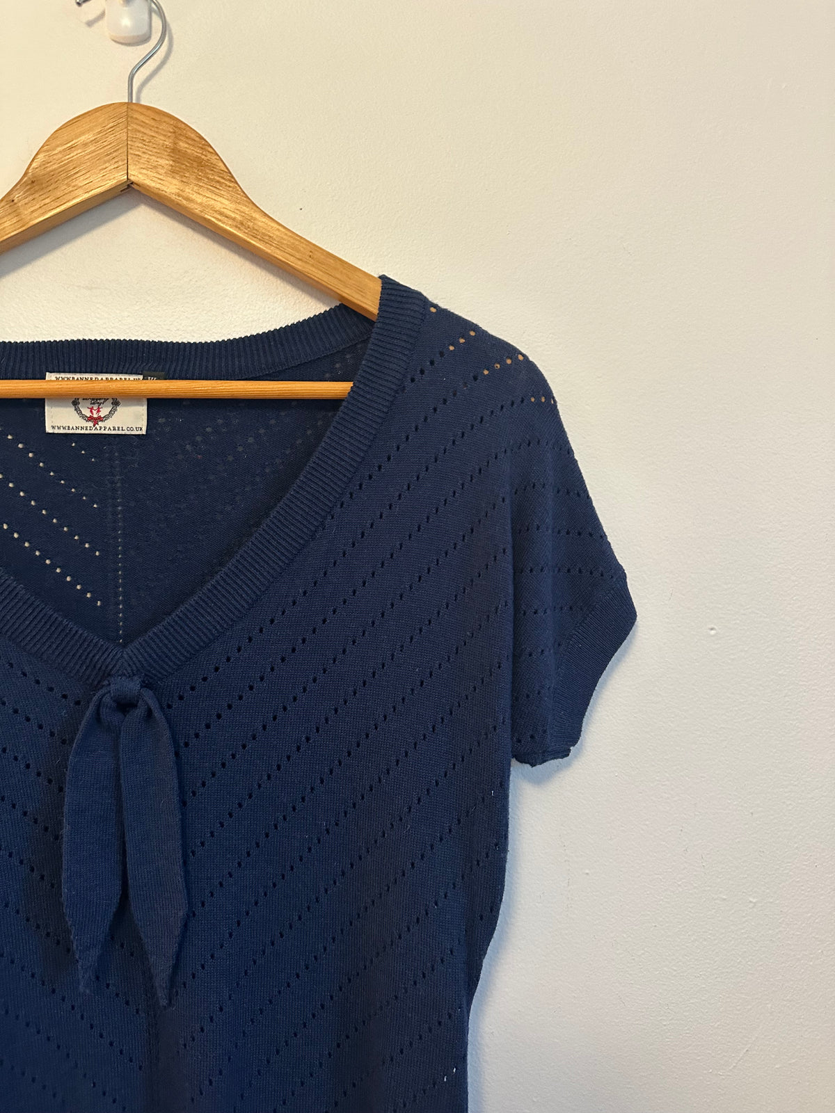 Banned Apparel Dancing Days Navy Blue Pointelle V-Neck Tie Knit Top | Size XL