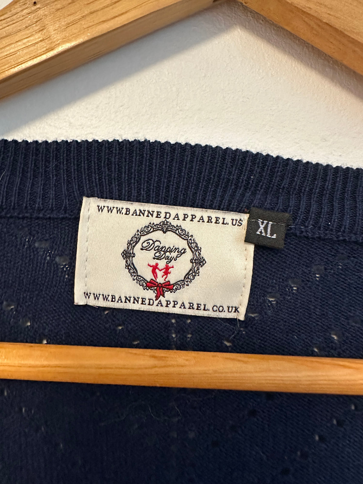 Banned Apparel Dancing Days Navy Blue Pointelle V-Neck Tie Knit Top | Size XL