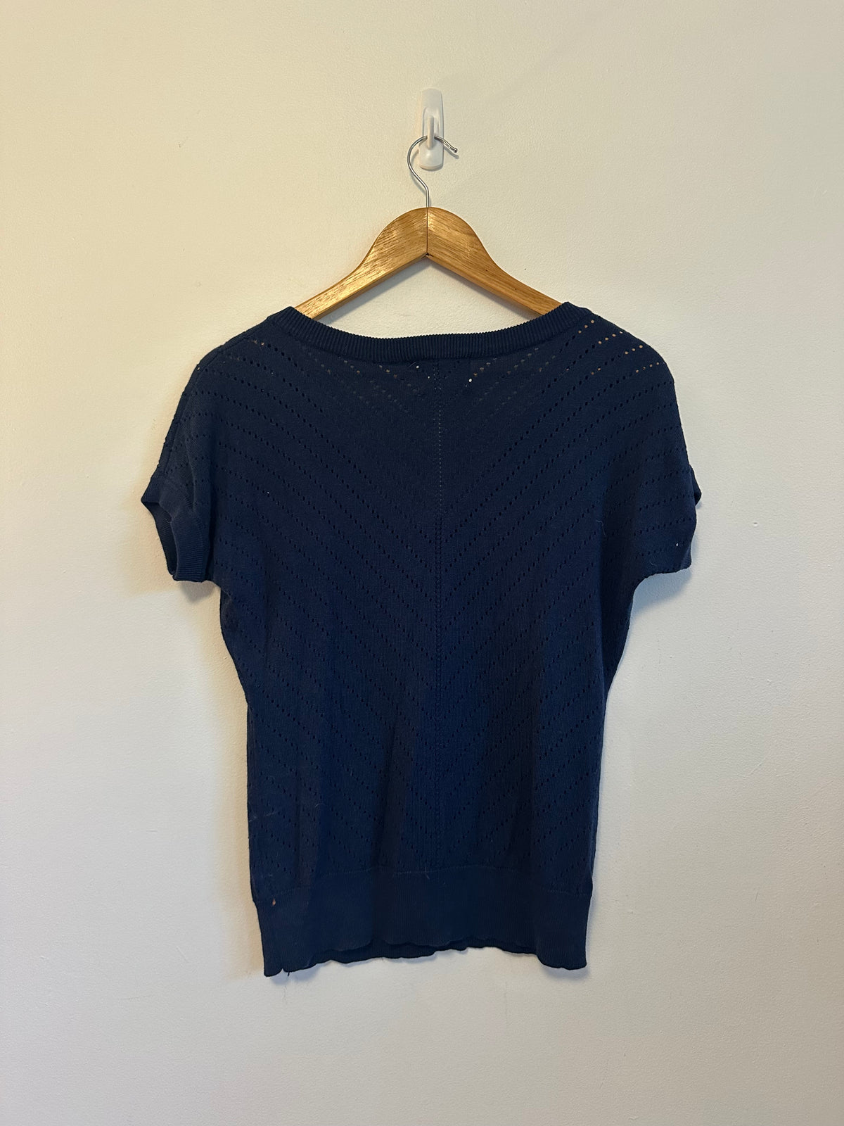 Banned Apparel Dancing Days Navy Blue Pointelle V-Neck Tie Knit Top | Size XL