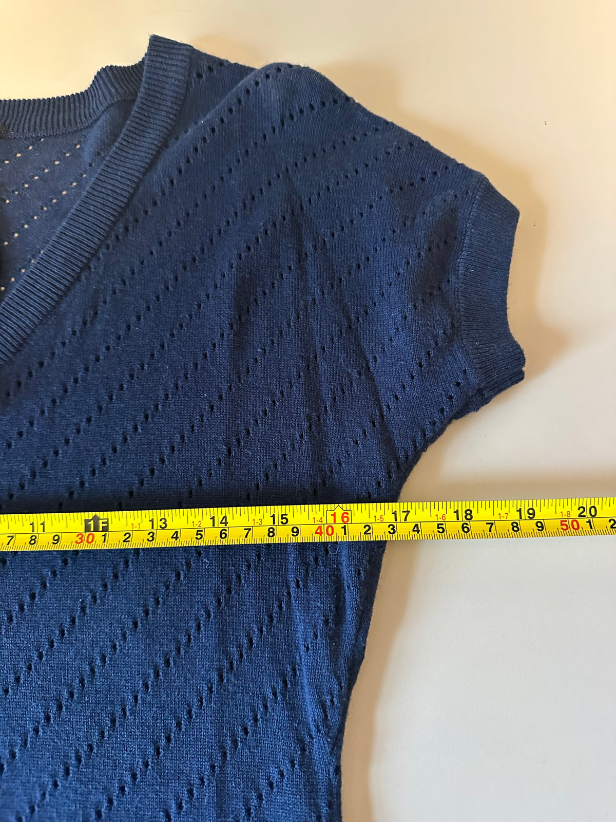 Banned Apparel Dancing Days Navy Blue Pointelle V-Neck Tie Knit Top | Size XL
