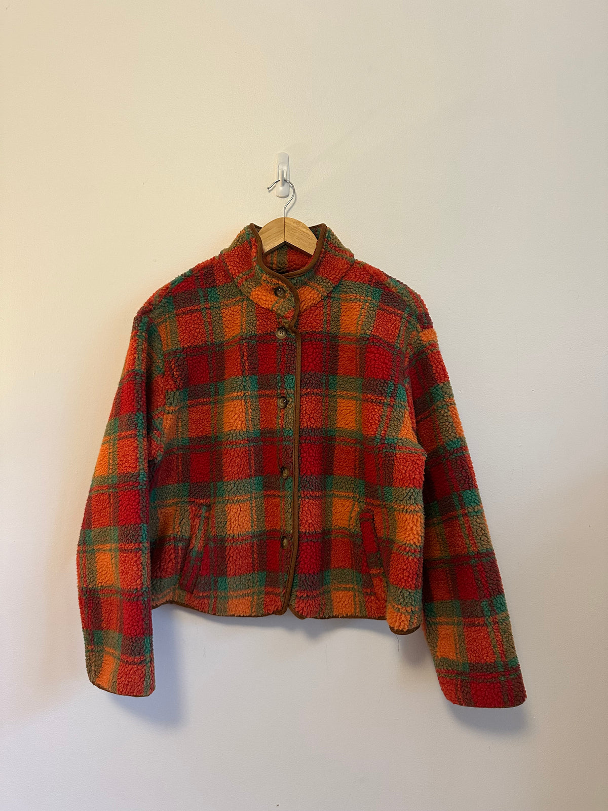 Cider Plaid Sherpa Fleece Jacket in Red, Orange, and Green | Size XL