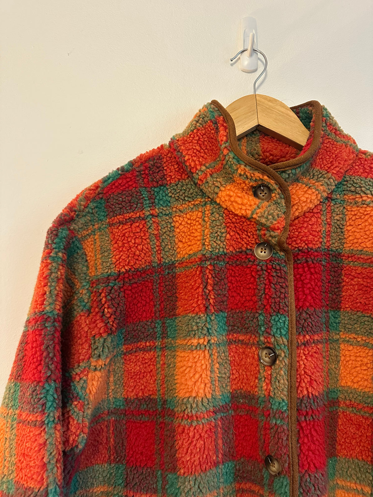 Cider Plaid Sherpa Fleece Jacket in Red, Orange, and Green | Size XL