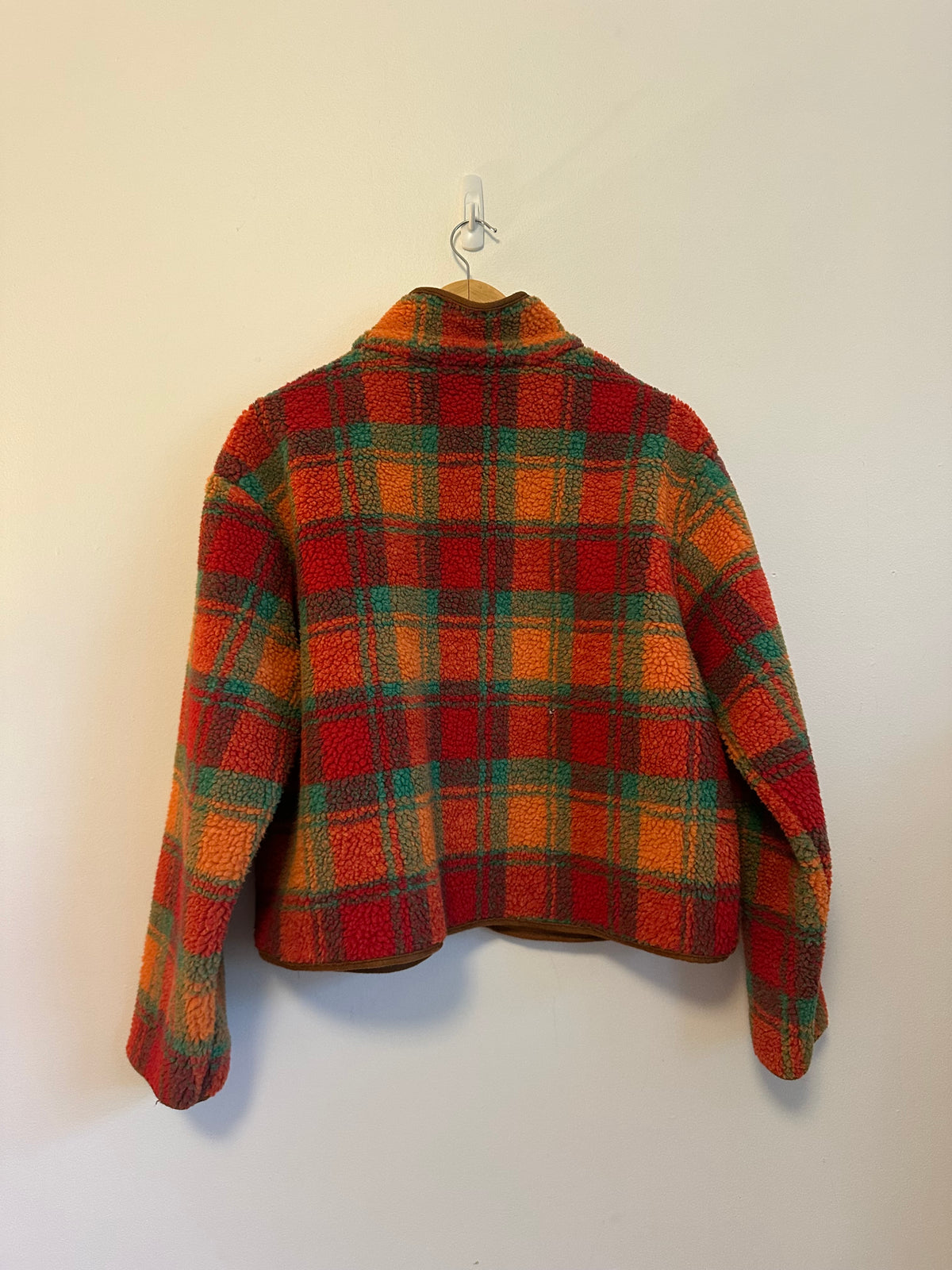 Cider Plaid Sherpa Fleece Jacket in Red, Orange, and Green | Size XL