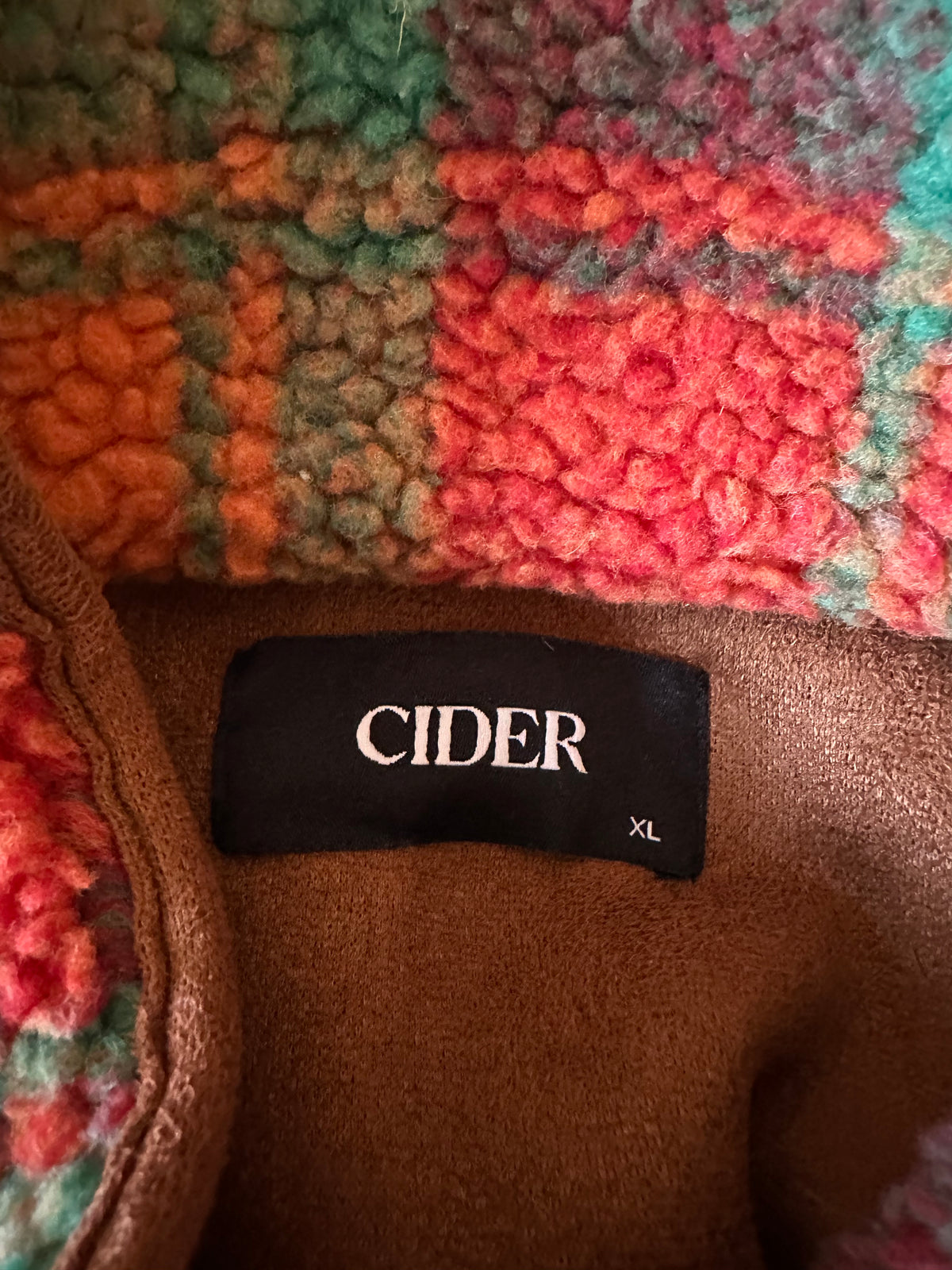 Cider Plaid Sherpa Fleece Jacket in Red, Orange, and Green | Size XL