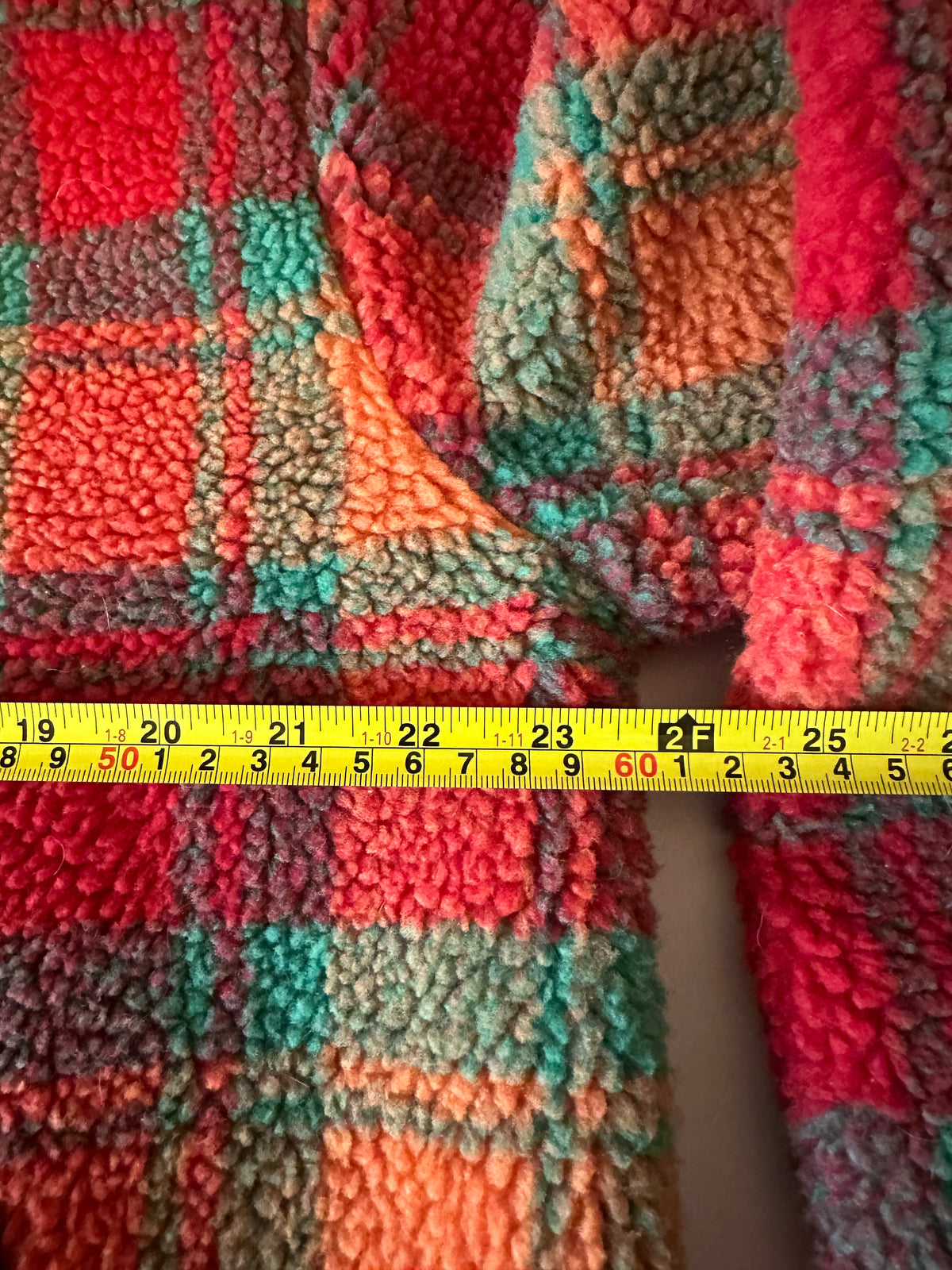 Cider Plaid Sherpa Fleece Jacket in Red, Orange, and Green | Size XL