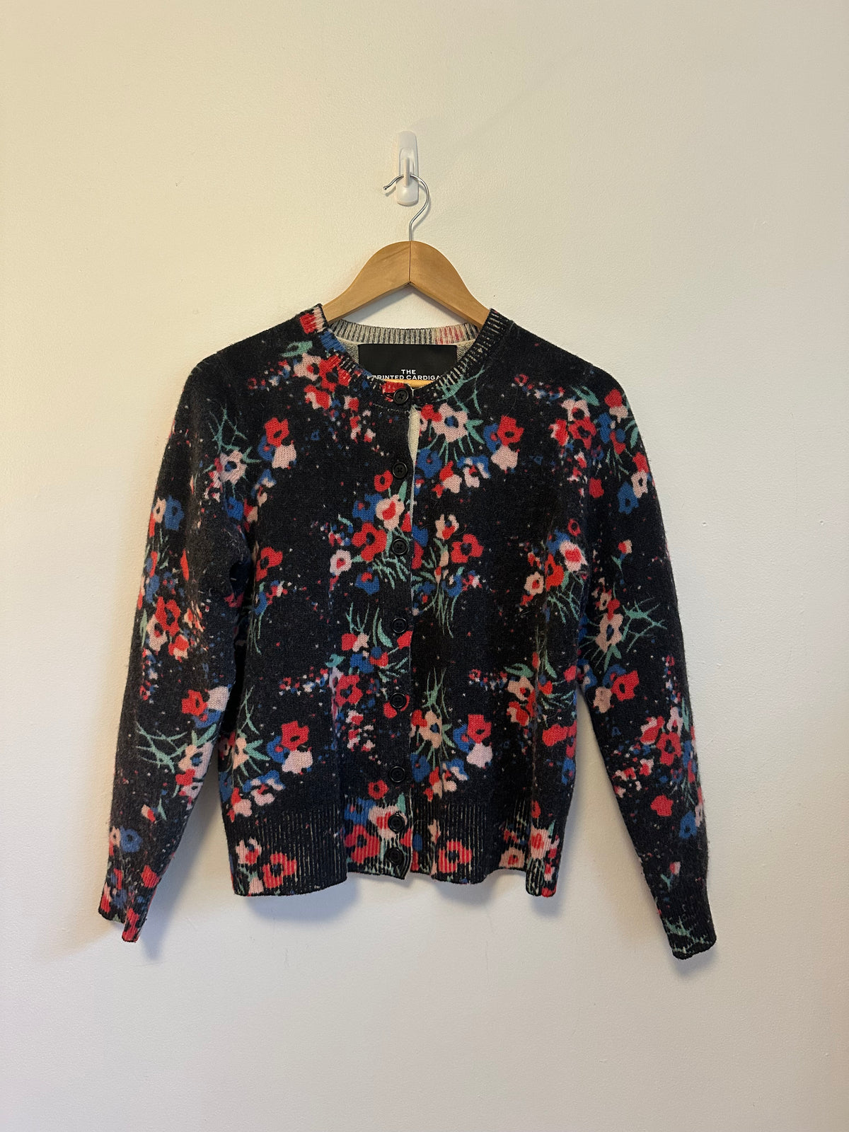 Marc Jacobs The Printed Cardigan Black Floral 100% Wool Sweater | Size Medium