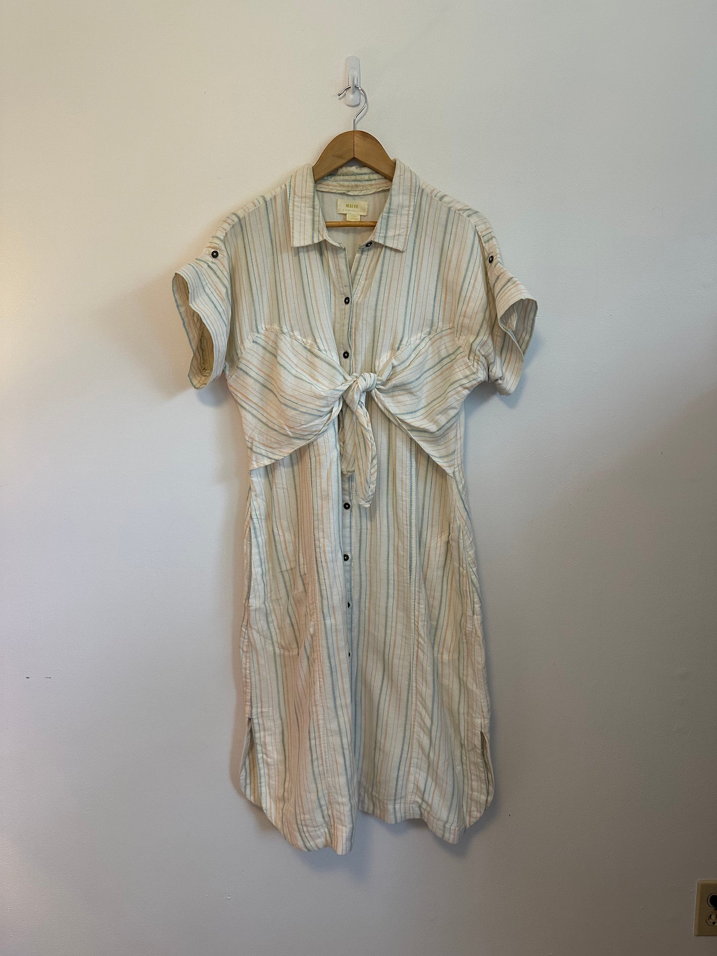 Maeve Anthropologie Pastel Stripe Tie Front Cotton Shirt Dress | Size 16