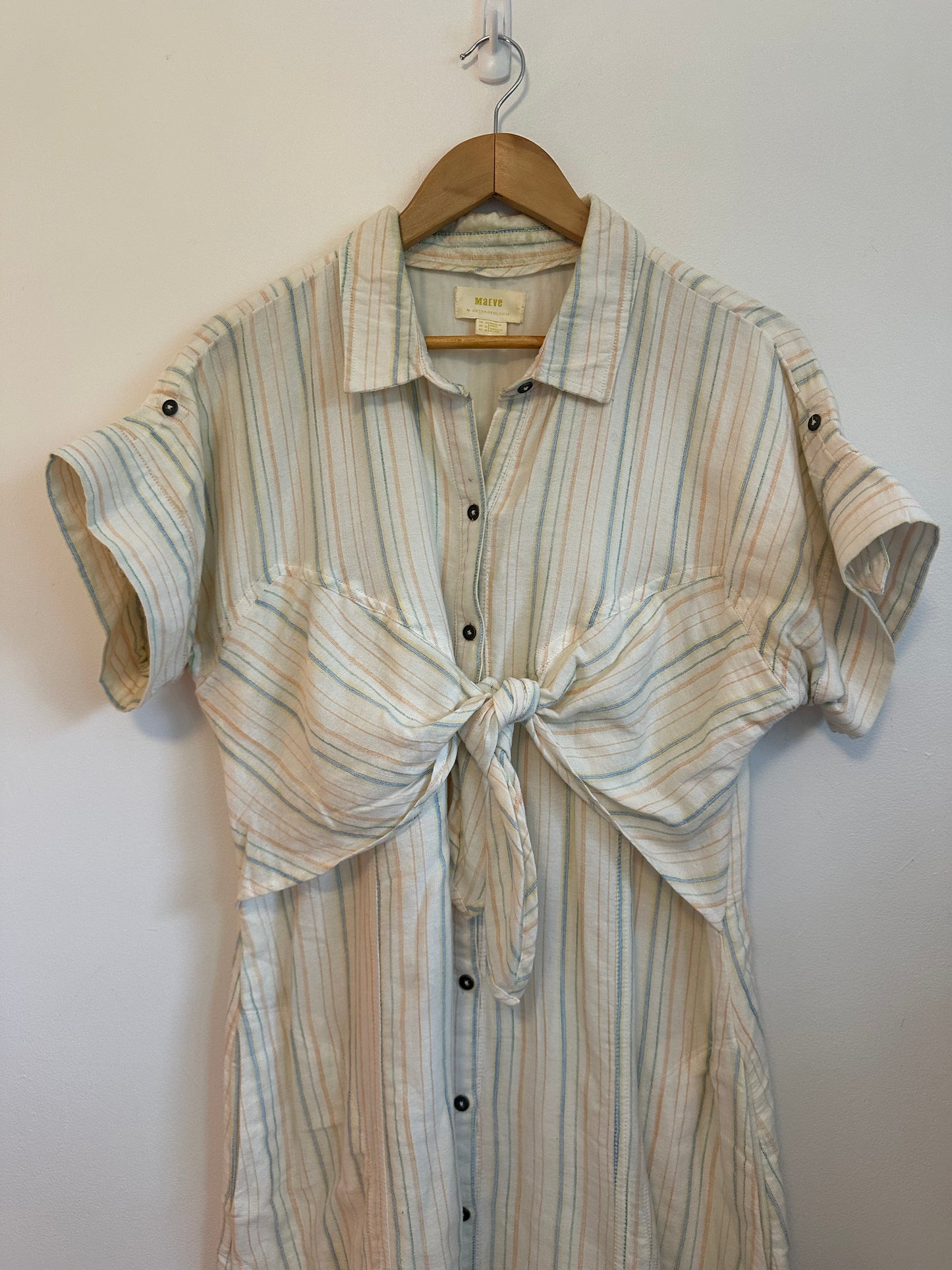 Maeve Anthropologie Pastel Stripe Tie Front Cotton Shirt Dress | Size 16