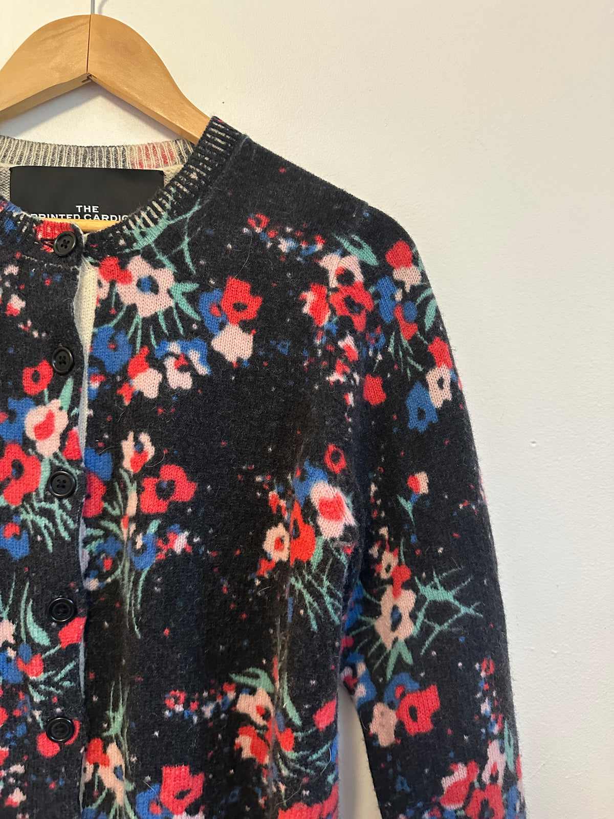 Marc Jacobs The Printed Cardigan Black Floral 100% Wool Sweater | Size Medium