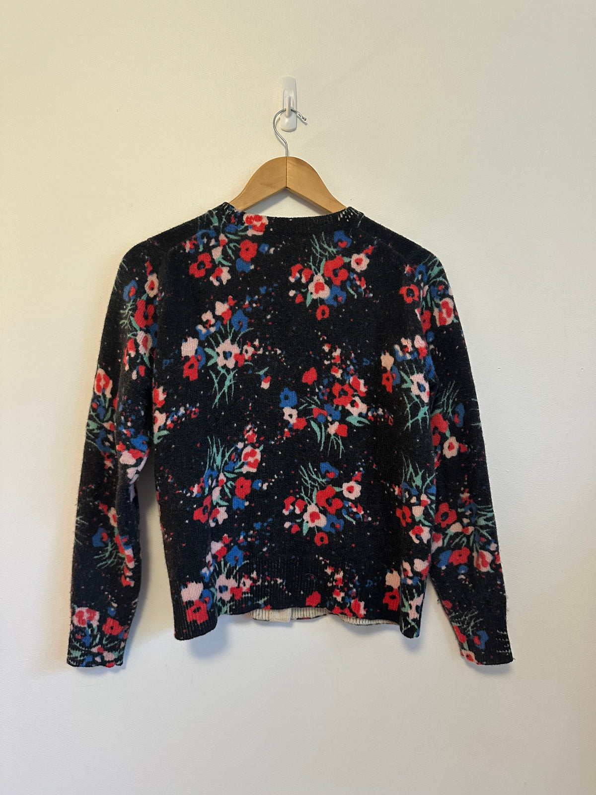 Marc Jacobs The Printed Cardigan Black Floral 100% Wool Sweater | Size Medium