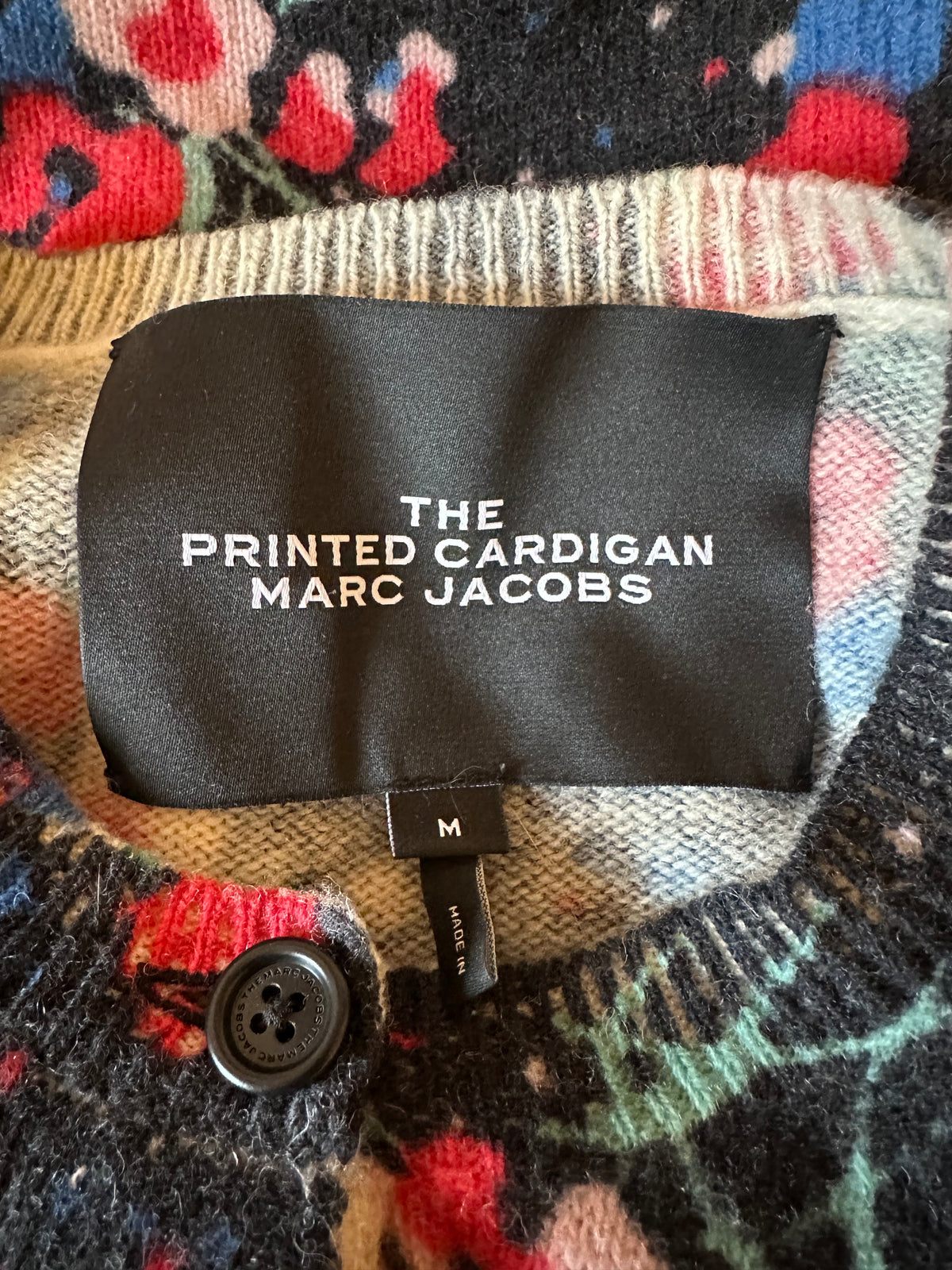Marc Jacobs The Printed Cardigan Black Floral 100% Wool Sweater | Size Medium