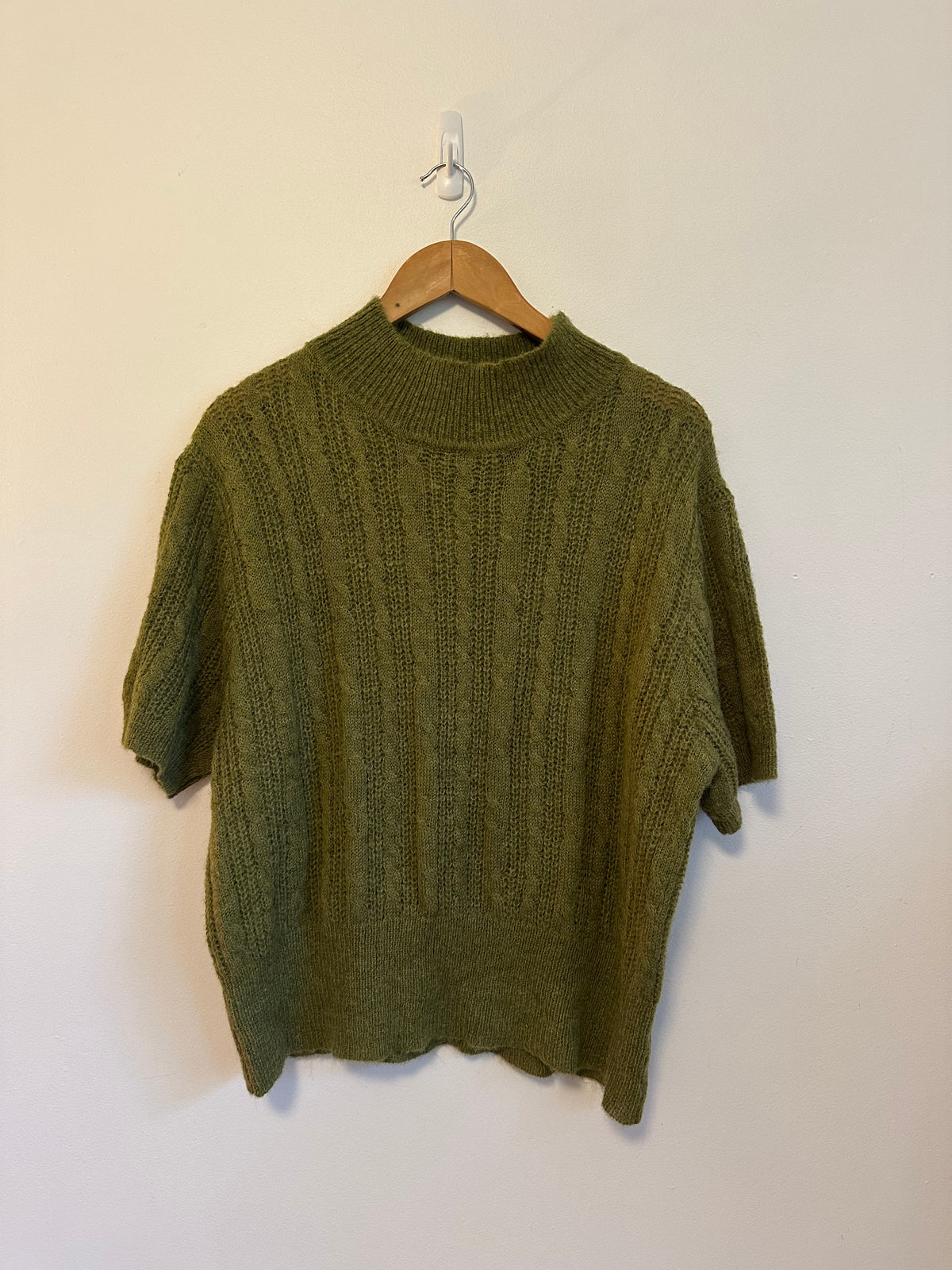 Cider Olive Green Cable Knit Mock Neck Short Sleeve Sweater | Size 3XL